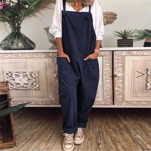 

womens jumper overalls ladies dungarees jumpsuit pockets tank wide leg pants plus size zanzea cami loose romper oversize s-5xl, Black;white