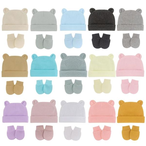 

caps & hats born baby cotton beanies hat and mittens set solid candy color stretchy infant warm cap gloves 0-1 years old, Yellow
