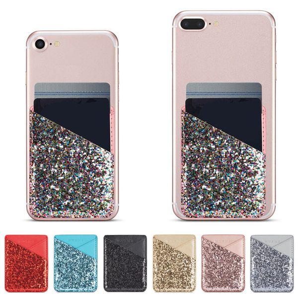 Evrensel 3 M Yapışkanlı Bling Glitter Cep Çıkartmalar Faux Deri Kredi Kartı Tutucu Stick-On Geri Cep Telefonu Kılıfı