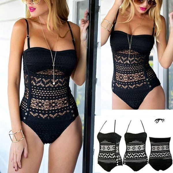 

body mechanics clothing women bandage push up lace one piece beachwear ladies summer solid patchwork fashion bodysuits, Black