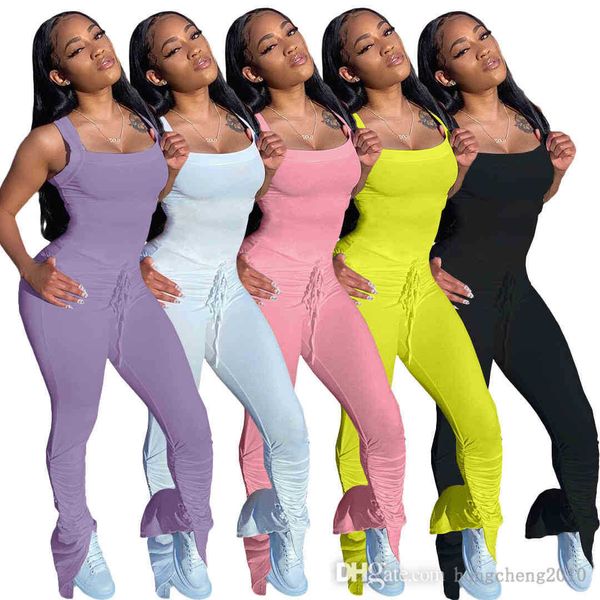 

women sling jumpsuits designer summer solid color sleeveless vest long sports rompers clubwear tight fashion overalls pants plus size, Black;white