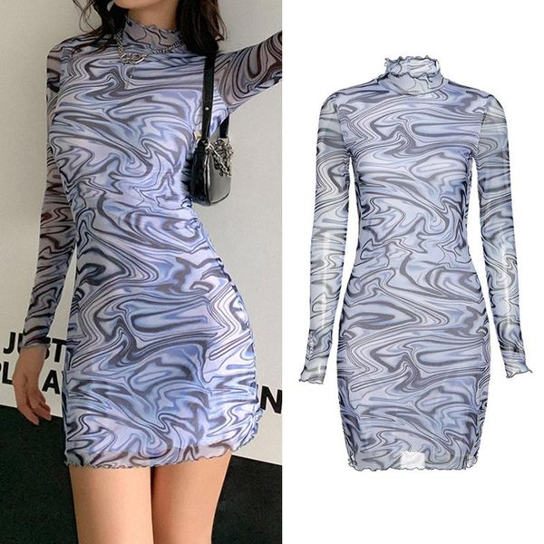 

women long sleeve turtleneck bodycon pencil mini dress double layer sheer mesh wavy stripes printed ruffles clubwear, Black;gray