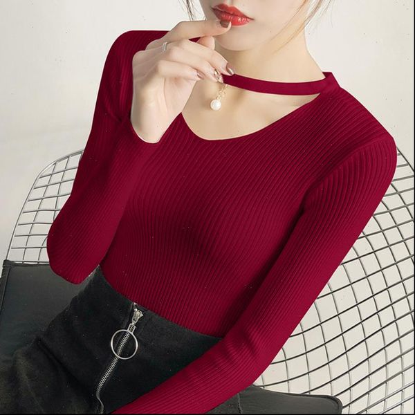 

fashion sweater women 2021 autumn winter long sleeve v neck sweaters basic soft slim knitted pullover burgundy, White;black