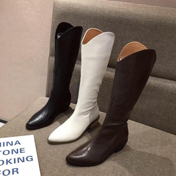 

boots leather half woman square heels zip mid-calf boot ladies vintage pointed toe western fashion shoes zapatos de mujer, Black