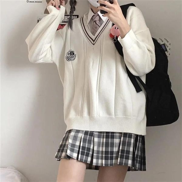 

women's sweaters women winter solid v-neck pullovers harajuku jk uniform loose knitwear embroidery student sweet kawaii sweater female, White;black