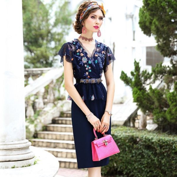 

2021 new solid patchwork pencil embroidered dress women summer mesh stitching slim professional retro elegant skirt plus msfn, Black;gray