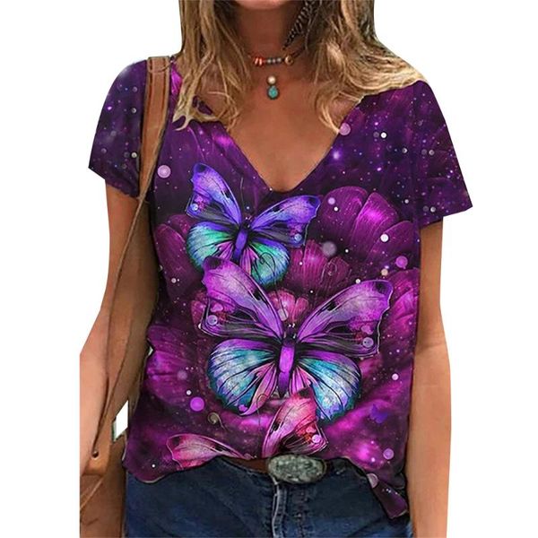 

women's t-shirt vicabo 2021 fashion casual v neck short sleeve t shirt summer vintage butterfly print, White
