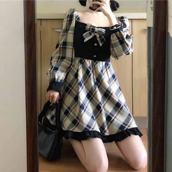 

2021 gothic lolita women plaid kawaii bow party mini ruffles vintage japan korean sweet new women's autumn uyj8, Black;gray