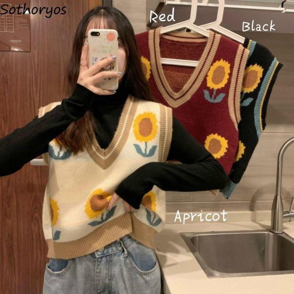 

women's vests women sweater vest flower print loose fashion all-match korean style elegant sweet kawaii ulzzang streetwear retro female, Black;white