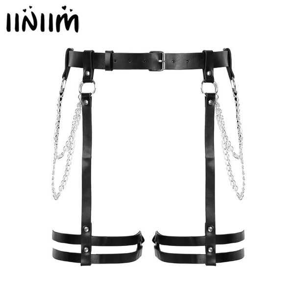 

gothic adjustable rave party costumes faux leather waist chains belt leg harness thigh garters for cosplay night clubwear, Black;brown