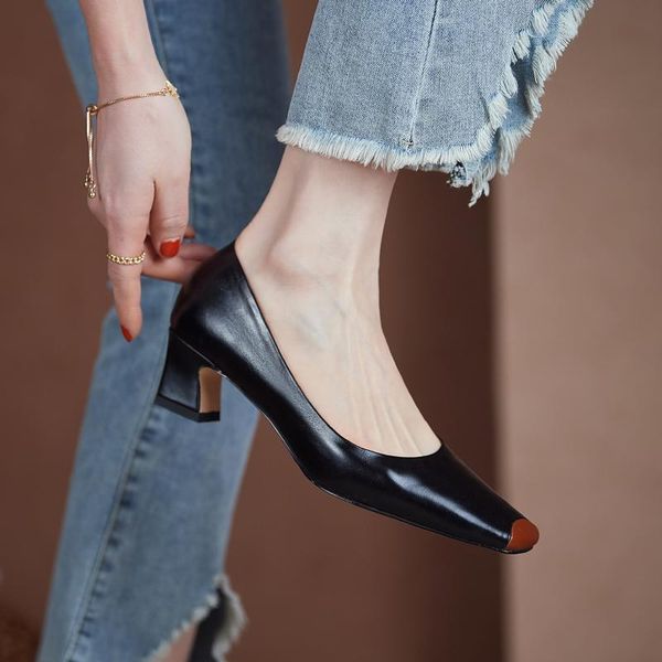 

women pumps natural leather shoes plus size 22-26.5 cm length cowhide upper square head stitching fashion casual womans shoes, Black