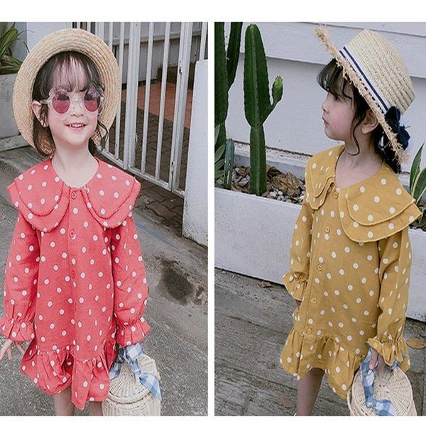 

2021 children new fashion spring casual dress long sleeve pottery big collar princess vestidos design es for girls, Red;yellow