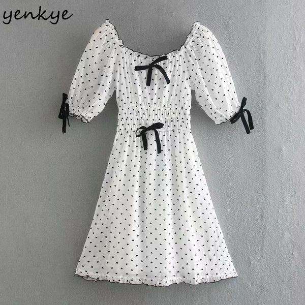 

2021 new sweet heart pattern women front bow square neck sleeve a-line mini chiffon summer short vestido mujer pn04, Black;gray