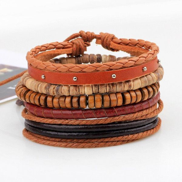 

beaded, strands mens ladies leather surfer braided bracelet punk wooden bead tribal wristband charm for women hiphop rock, Black
