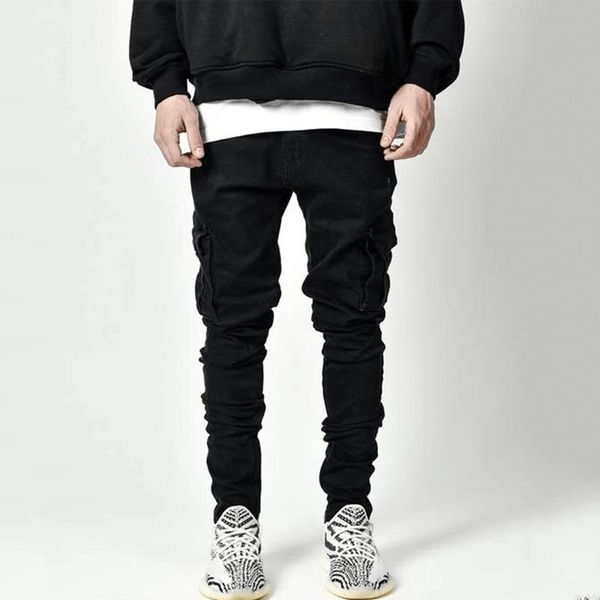 

men's jeans hip-hop schoolbag bag slim black trousers multi-pocket overalls men designer for, Blue