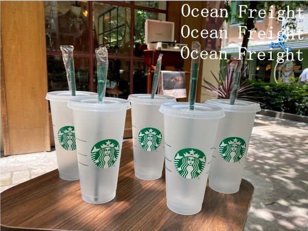 Starbucks Mermaid Goddess 24oz/710ml Plastikbecher, wiederverwendbar, transparent, schwarz, zum Trinken, flacher Boden, säulenförmiger Deckel, Strohhalmbecher, Seefracht