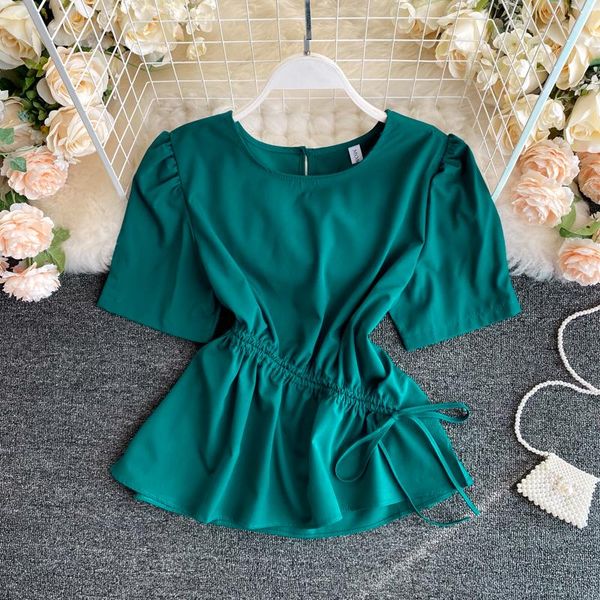 

puffy sleeve ruffled drawstring adjusted waist summer blouse and chic shirt top, White