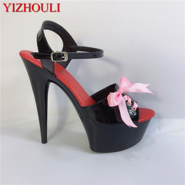

6 inch custom patent leather shoes, summer stiletto heel sandals, 15cm bow ornament, party dress sandals, Black
