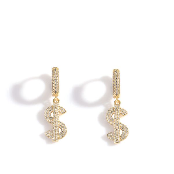 

hip hop stud iced out dollar sign earring gold silver plated micro paved cubic zircon studs earrings, Golden;silver