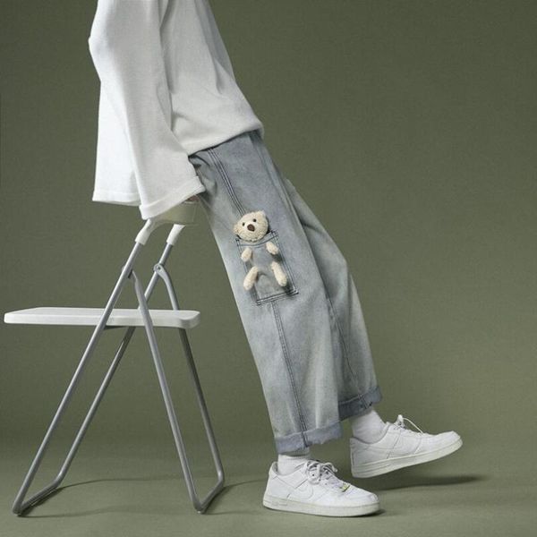 

men's jeans casual oversize bear 2021 fashion man straight denim pants korean streetwear male hip hop trousers w2244, Blue