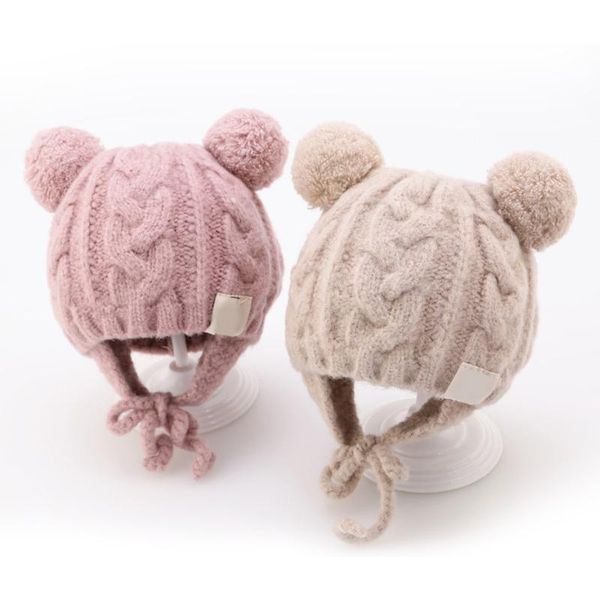 

caps & hats double pompoms baby hat winter knitted kids beanie for children outdoor infant bonnet ear protection accessories, Yellow