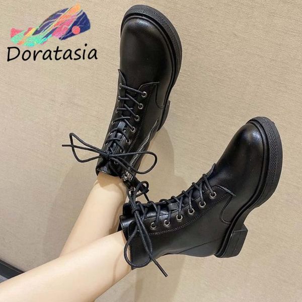 

boots doratasia brand women balck platform zipper cross tied ankle shoes thick bottom cool fashion quality, Black