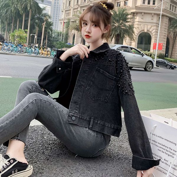 

cool bead autumn short jacket women's versatile 2020 new pin loose denim fashion, Black;brown