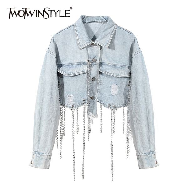 

twotyle black patchwork chain tassel jacket for women lapel long sleeve high street casual jackets female autumn 211029, Black;brown