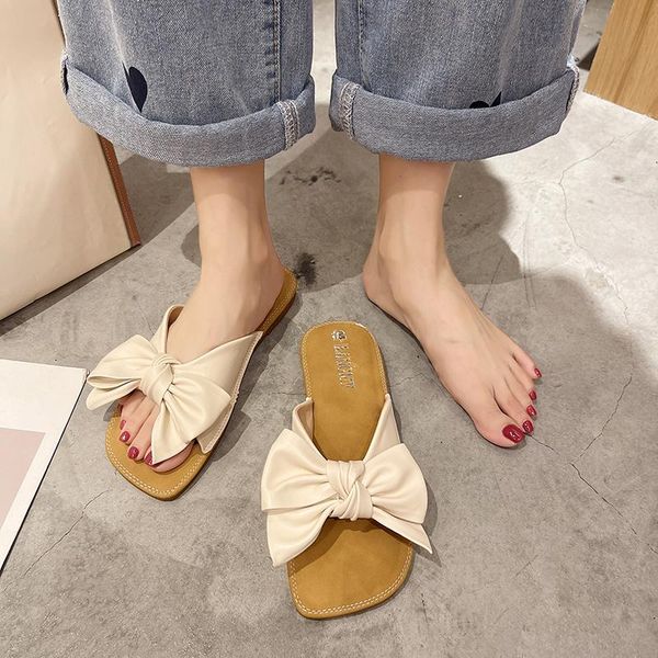 

slippers casual butterfly-knot low flat shoes female slides slipers women luxury soft rubber 2021 beach summer pu rome basic fab, Black