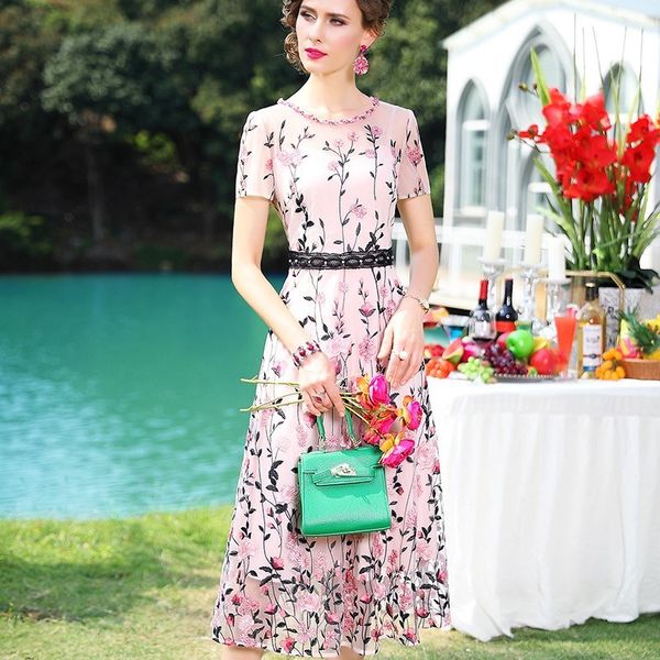 

2021 runway new summer nail bead women short sleeve flower ladies long party dresses plus size vintage club dress nlra, Black;gray