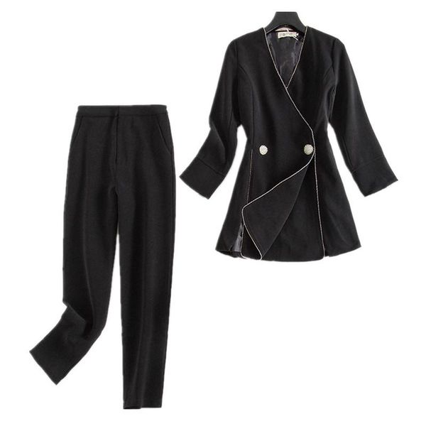 

women's two piece pants work ol coats suit set black women suits outfits v-neck double breasted blazer office ladies, White