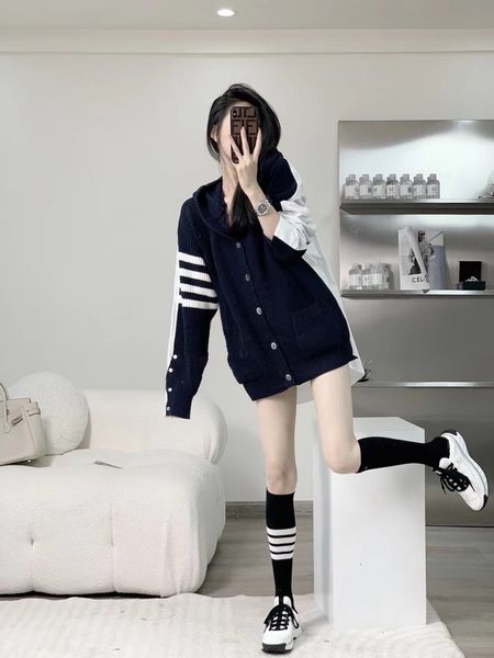

design clothing net red same four bar color matching shirt knitted versatile fashion hooded jacket women, White;black