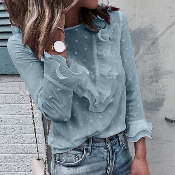 

lace polka dot blouse shirt women casual o neck long sleeve ladies white shirt spring stylish blusas female clothes
