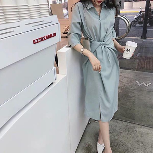 

casual dresses [ewq] korea autumn women 2021 fashion simple thin waist lapel long sleeve mid-calf shirt dress female trend 16e3149, Black;gray