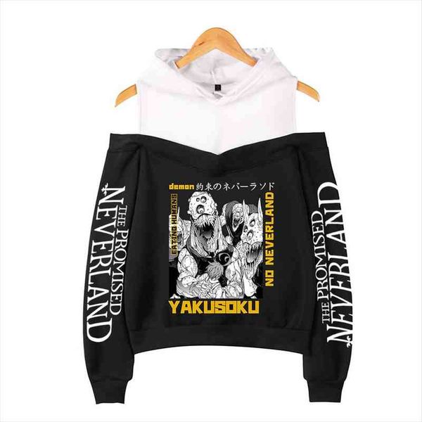

the promised neverland 2 japanese manga off-shoulder hoodies womens wear autumn winter leisure pullovers, Black