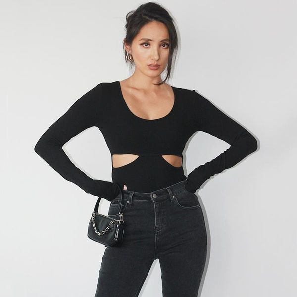 

women's t-shirt women spoon neck cutout fit long sleeve hollow out, White