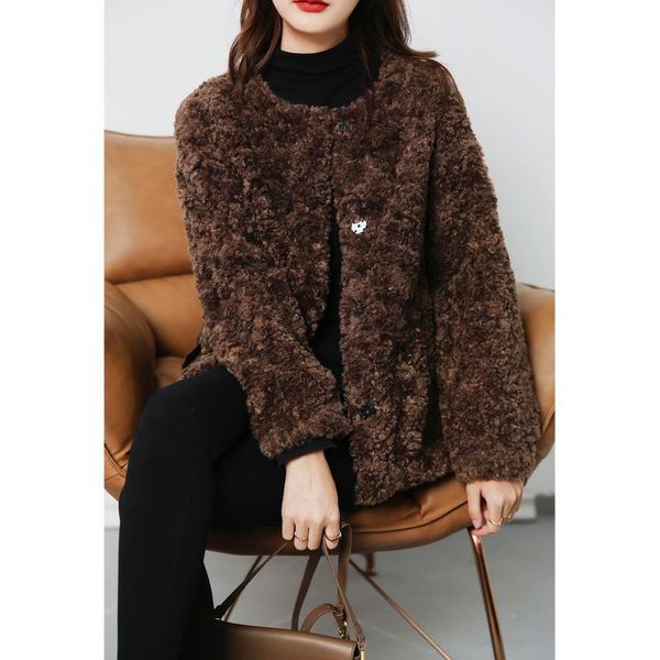 

women's fur & faux lamb wool coat autumn and winter short 2021 thickened integrated granular, Black