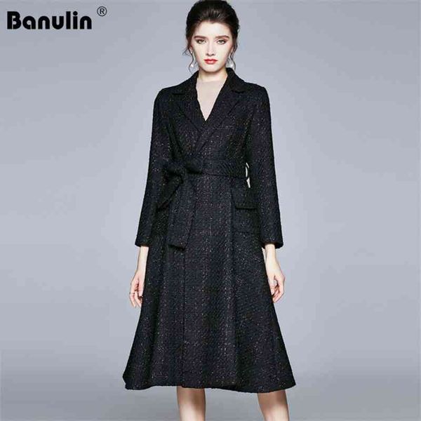 

banulin autumn winter runway long tweed trech coat woman notched collar black pockets belt lace up warm thick overcoat 210603