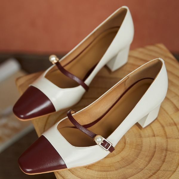 

Womens genuine leather thick med heel slip-on pumps mix color patchwork beading metal buckle elegant ladies OL style daily shoe, Wine red