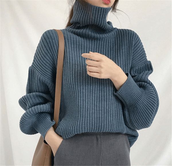 

2021 new women pullovers sweater knitted autumn winter thick warm turtleneck lantern sleeve casual loose sxnq, White;black