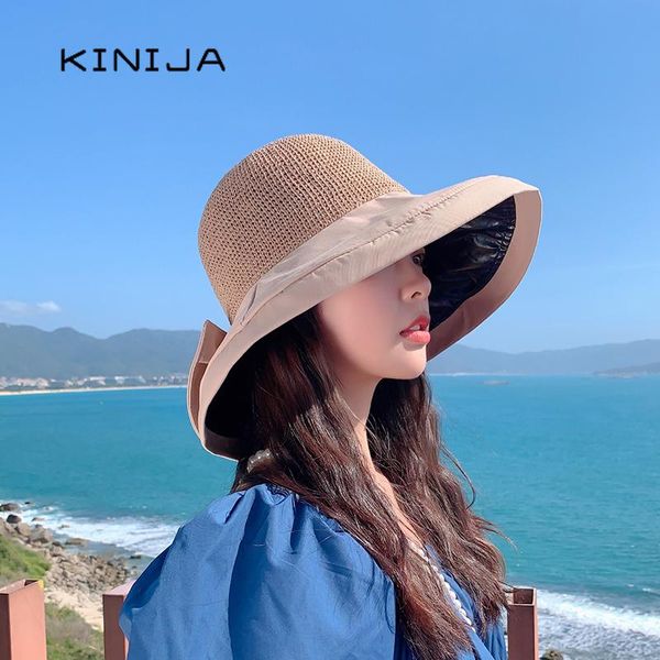 

wide brim hats women large bucket hat summer for girl panama fashion bow hollow out straw beach fishing sunscreen sun fisherman cap, Blue;gray