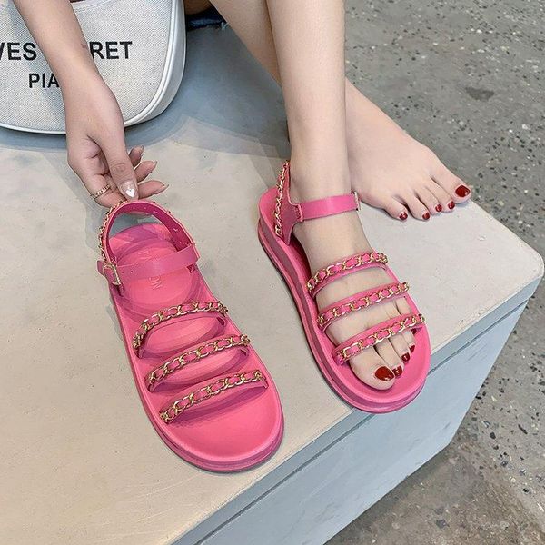 

sandals summer chain for women flat thick bottom slippers zapatillas mujer open toe outdoor beach shoes ladies, Black