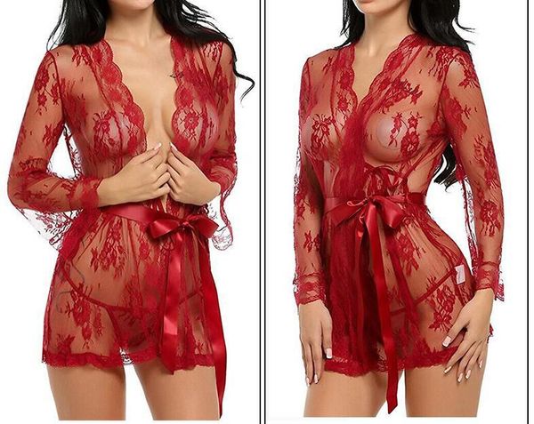 

sexyy women lingerie lace ruffles robe see-through babydoll underwear sleepwear night dress erotic clothes, Red;black