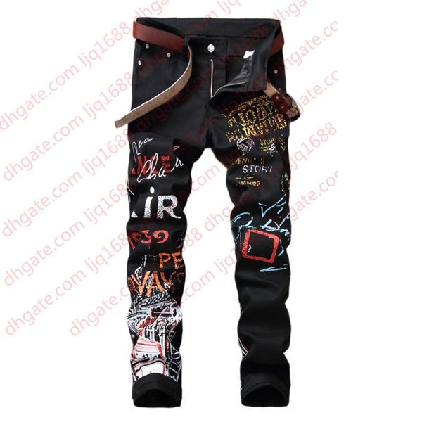 

printed men's jeans slim graffiti large pants fashion, Blue