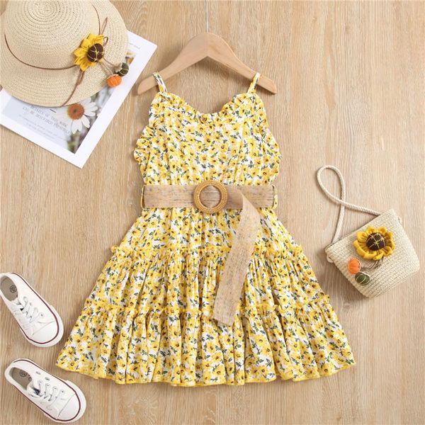

girl's dresses 1-6 years girl casual suspender summer dress with belt fashion floral v-neck a-line princess party for girls, Red;yellow