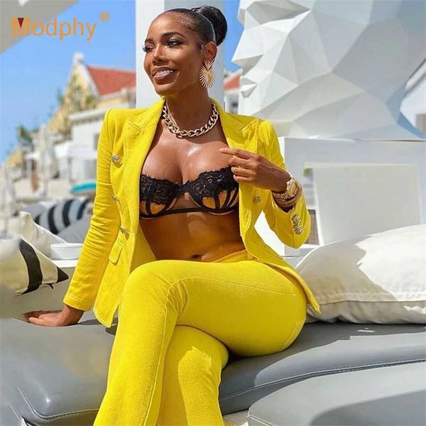 

autumn fashion women set blazer double breasted jacket & trousers 2 two-piece office party pants suit female 210930, White