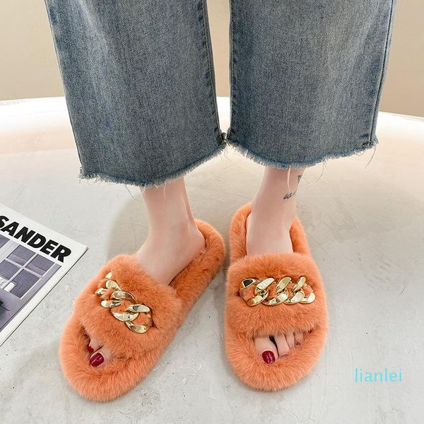 

slippers woman metal chain slipper winter home indoor fur slides platform plush furry outdoor slip fuzzy fluffy, Black