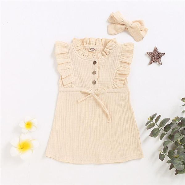 

new baby girls suits button ruffle newborn dress+headband outfits toddler dress summer linen cotton kids clothing set, Red;yellow