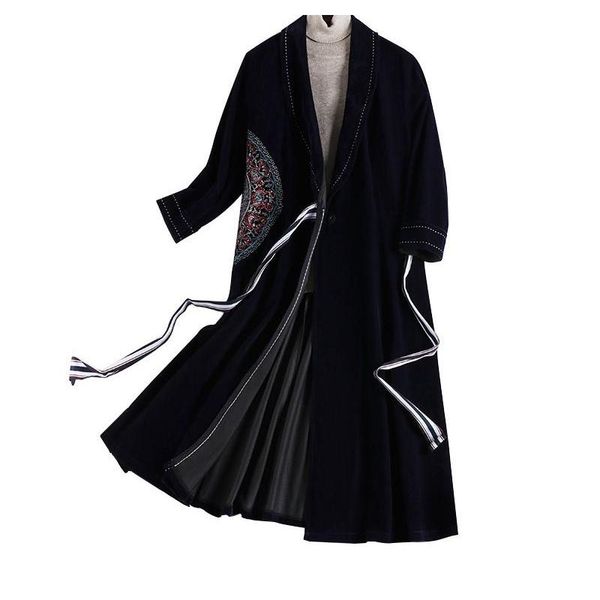 

long sleeve vintage blazer dress autumn woman fashion notched collar belt lace up embroidery beading elegant velvet winter 210603, Black;gray