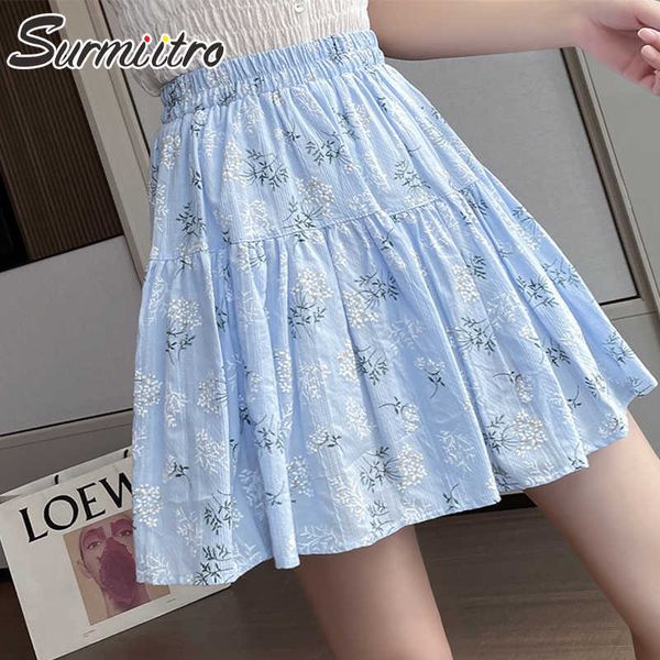 Surmiitro moda verão algodão linho mini saia mulheres estilo coreano azul floral cintura alta uma linha plissada saia feminina 210712